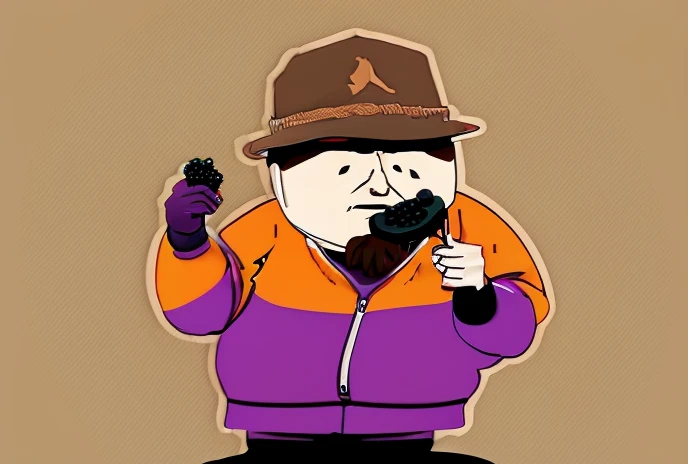 Dr Mephesto eating Blackberries Cheesecake live on Seoul, White Skin, Fat Man, Light Brown Boonie Hat, Orange Tracksuit, South Park art style, Cartoonist Art Style, Comic Book Art Style
