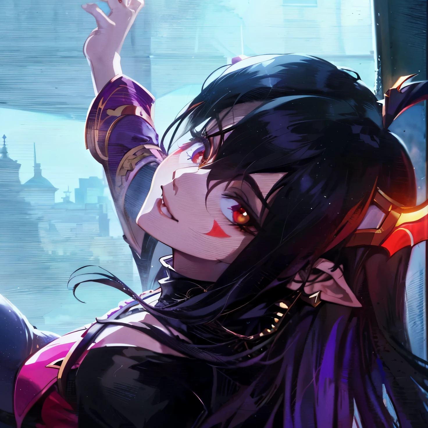 garota anime com chifres e olhos vermelhos em um quarto escuro, beautiful together, artgerm detalhado, morrigan, together, muito quente, portrait of Ahri, together in tight short dress, retrato de azar de arcano, vampire of clan lasombra, Astri Lohne, Ahri, artgerm extremamente detalhado