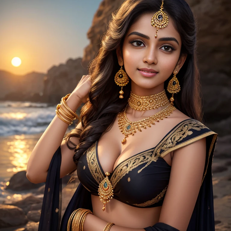 late evening scenario, photoshoot, beautiful 20 yo Tamil girl (shy smirk:1.4), facing the camera, in a black designer saree, golden half sleeve blouse, petticoat, leaning against a rock in the seashore, glowing flawless skin, holding saree mundhanai on her right hand above her head, showing front bodice round deep navel cleavage armpits, golden bangles, waist chain, gold pendant thin necklace, earrings, ponytail, show full body in the image, wide angle, long shot, meticulous detailing of face & eyes & nose & lips & anatomy & background, eyes symmetry, masterpiece, high quality, natural lighting cinematic effects, evening sky, vibrant colors, setting sun trees birds full moon people playing children in background, ornate, hyper maximalist, meticulous detailing of faces, hyper realistic background, big breast, huge breast.