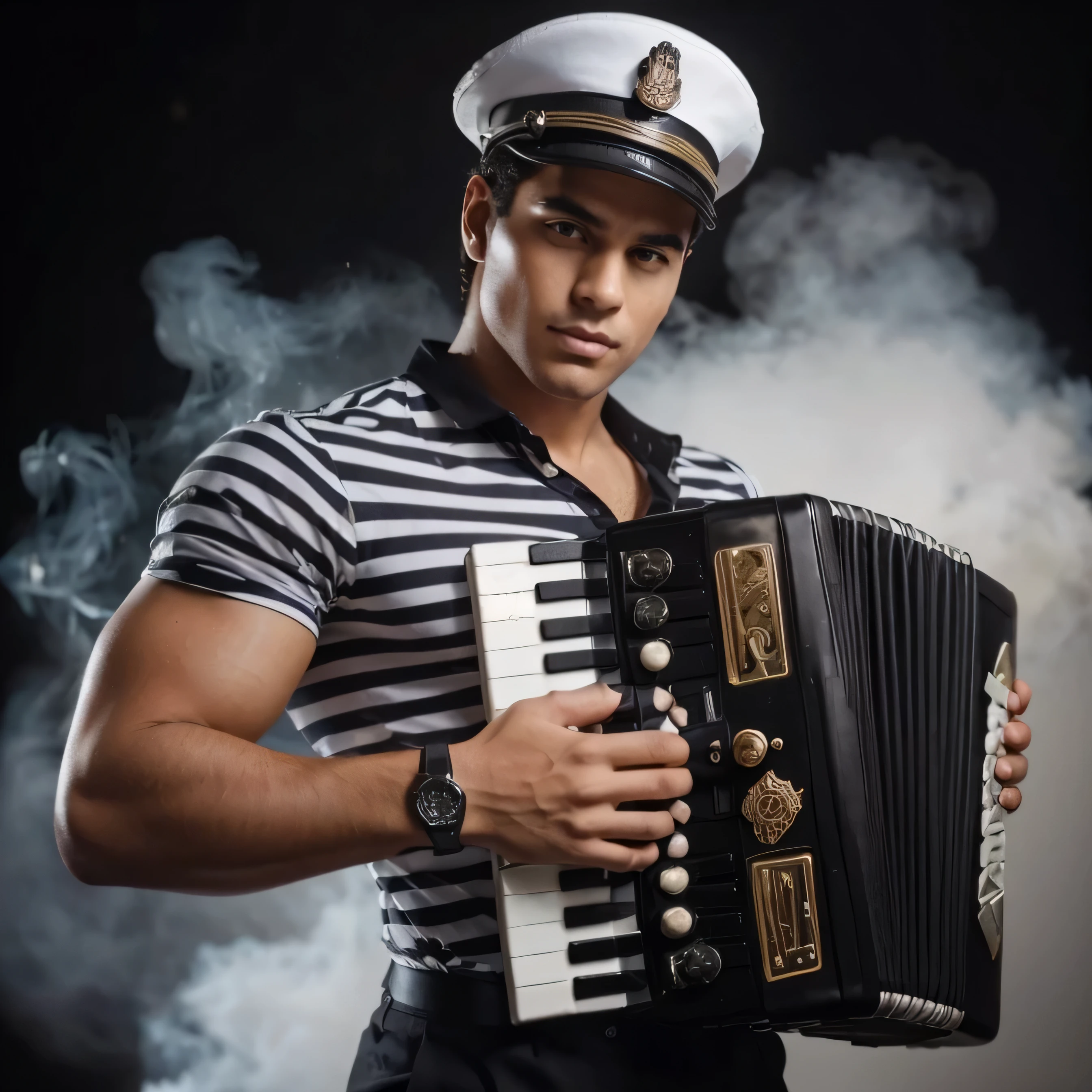 um homem jovem e bonito vestindo uniforme de marinheiro, complete with hat and tie. He is holding a black and white accordion, what is a musical instrument. O homem parece estar posando para uma foto, possivelmente para uma revista ou evento especial. The scene has smoke as a backdrop., adding a dramatic and artistic touch to the image.