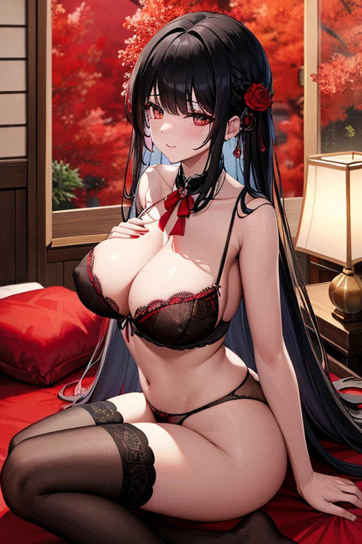 raffed woman in slutty lingerie posing on a bed with a red rose, slutty lingerie, very Sexy is devil outfit, Red and black costume!!!, wearing Sexy is slutty lingerie, laced slutty lingerie, black and red, Charm, fantasy costume, black and red Lunjin clothing, black and red only, slutty lingerie!!, Lunjin, tease, Red and black, Sexy is, Sexy is :8, tumbler、surreal waiizi flowers, soft light misty, magical flowers, flowers with very long petals, a glowing flower, alien flower, beautiful images, shining delicate flowers, staggering in its beauty,Higanbana、amaryllis、a close up of a field of Red flower in a forest, red blooming flowers, Bright but gloomy red, glimpse of red, Red flower, very red colors, red forest, Bright red, Bright red colors, Red flower of different types, Bright red and green colours, in a red dream world, Red magic surrounds her, Red irises、 Japanese-style house, Stunning light reflection, traditional japanese colors, Gorgeous composition, magical colors and atmosphere, black hair、black hair、black hair姫カット、black hairロング、hair ornaments、hairpin、flowers in hair、flowers in hairびら、the best beauty、super cute、good style、exquisite style、double、black eyes、Seductive eyes、whole body、butt、nipple、pink areola、clitoris、share、share間