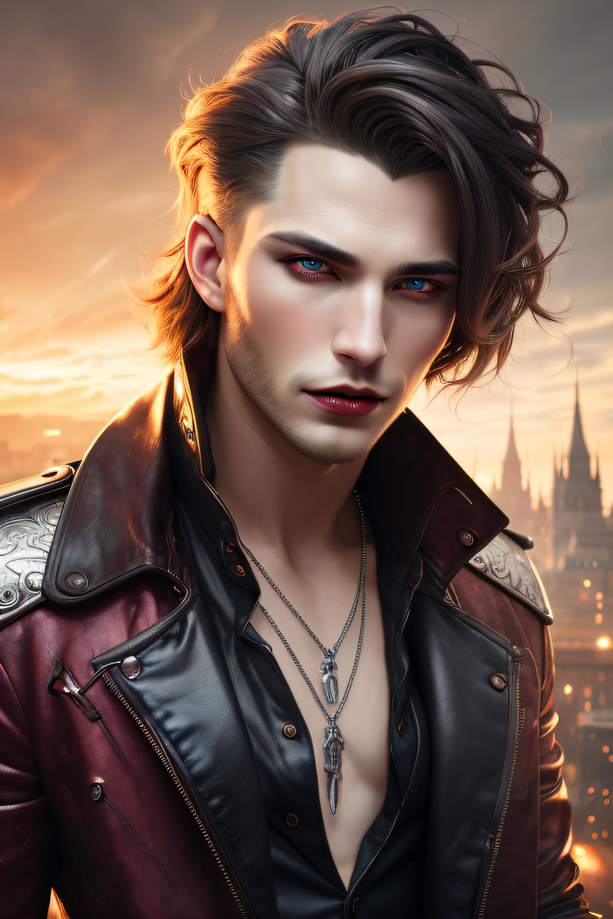 a handsome man, seductive pose vampire (masterpiece award winning high quality:1. 2) with long and brown hair, fangs, , glossy red ligh lips, blue eyes, detailed face, full focus, highly intricate, (small silver heart pendant:0. 9), cinematic, [style by stanley artgermm, tom Bagshaw, carne griffiths], hyper detailed, full of color, (gloomy illumination, insane, stunning, dramatic, completed artwork, HQ:1. 1), 16k, UHD, HDR, (Masterpiece:1. 5), (best quality