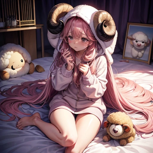 2D、High resolution, (official art, beautiful and aesthetic: 1.2), sheep hair、Pink Longhair、Loose and fluffy perm、I'm only wearing a hoodie、stuffed sloth toy、crying face、Tears mole、barefoot、Lying down、beautiful breasts