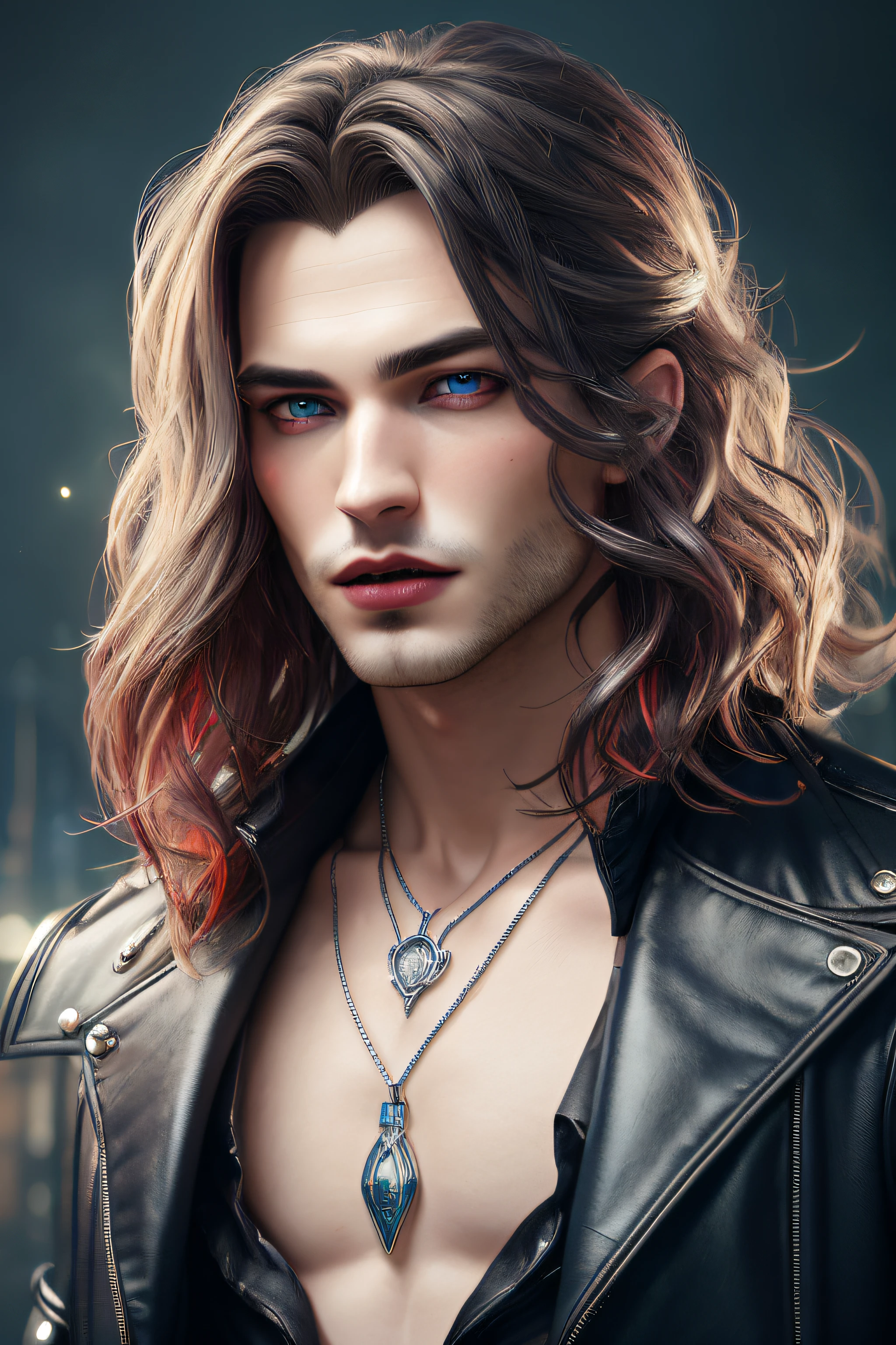 a handsome guy, seductive pose vampire (masterpiece award winning high quality:1. 2) with long and brown hair, fangs, , glossy red ligh lips, blue eyes, detailed face, full focus, highly intricate, (small silver heart pendant:0. 9), cinematic, [style by stanley artgermm, tom Bagshaw, carne griffiths], hyper detailed, full of color, (gloomy illumination, insane, stunning, dramatic, completed artwork, HQ:1. 1), 16k, UHD, HDR, (Masterpiece:1. 5), (best quality