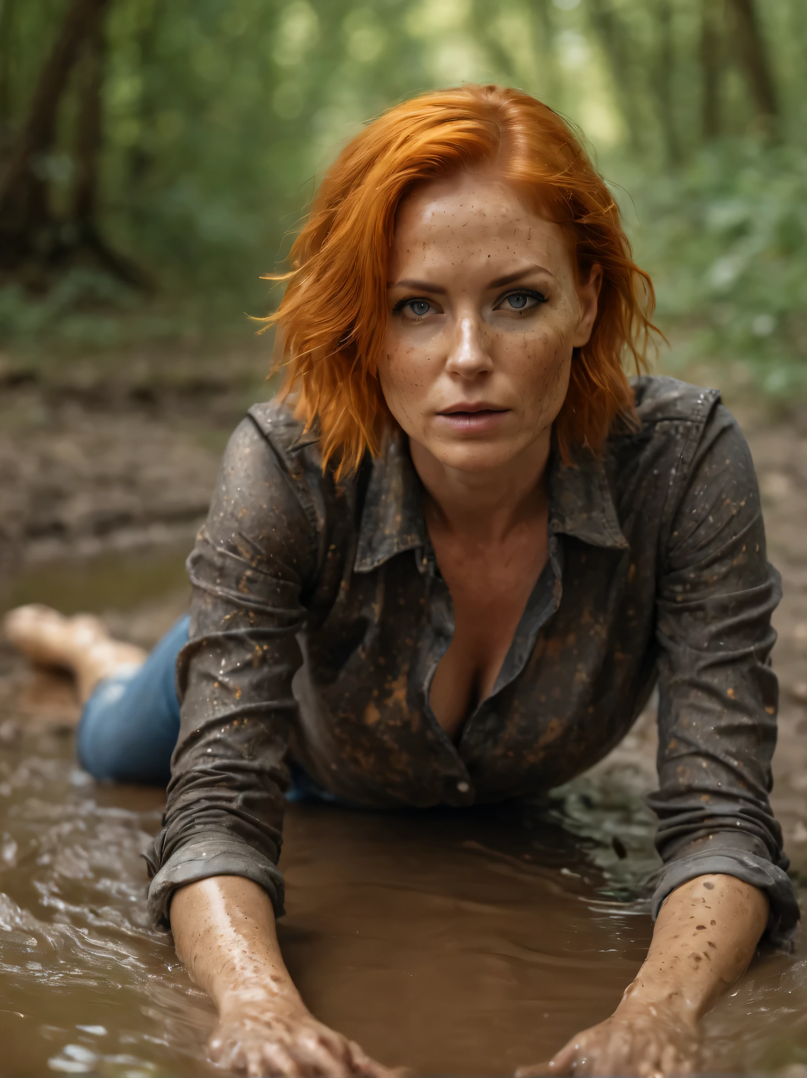 masterpiece:1.2, epic illustration:1.3, ultra-realistic photography of short orange-haired hot orgasmic-expressed graceful woman 40 years old in flared jeans and blouse, indulging in shameful fetish with desperation and ecstasy,teasing herself in mud bath, full body, stoic cinematic 4k epic detailed 4k epic detailed photograph shot on kodak detailed bokeh cinematic, detailed face with freckles, natural skin texture, forest, fuck me behavior