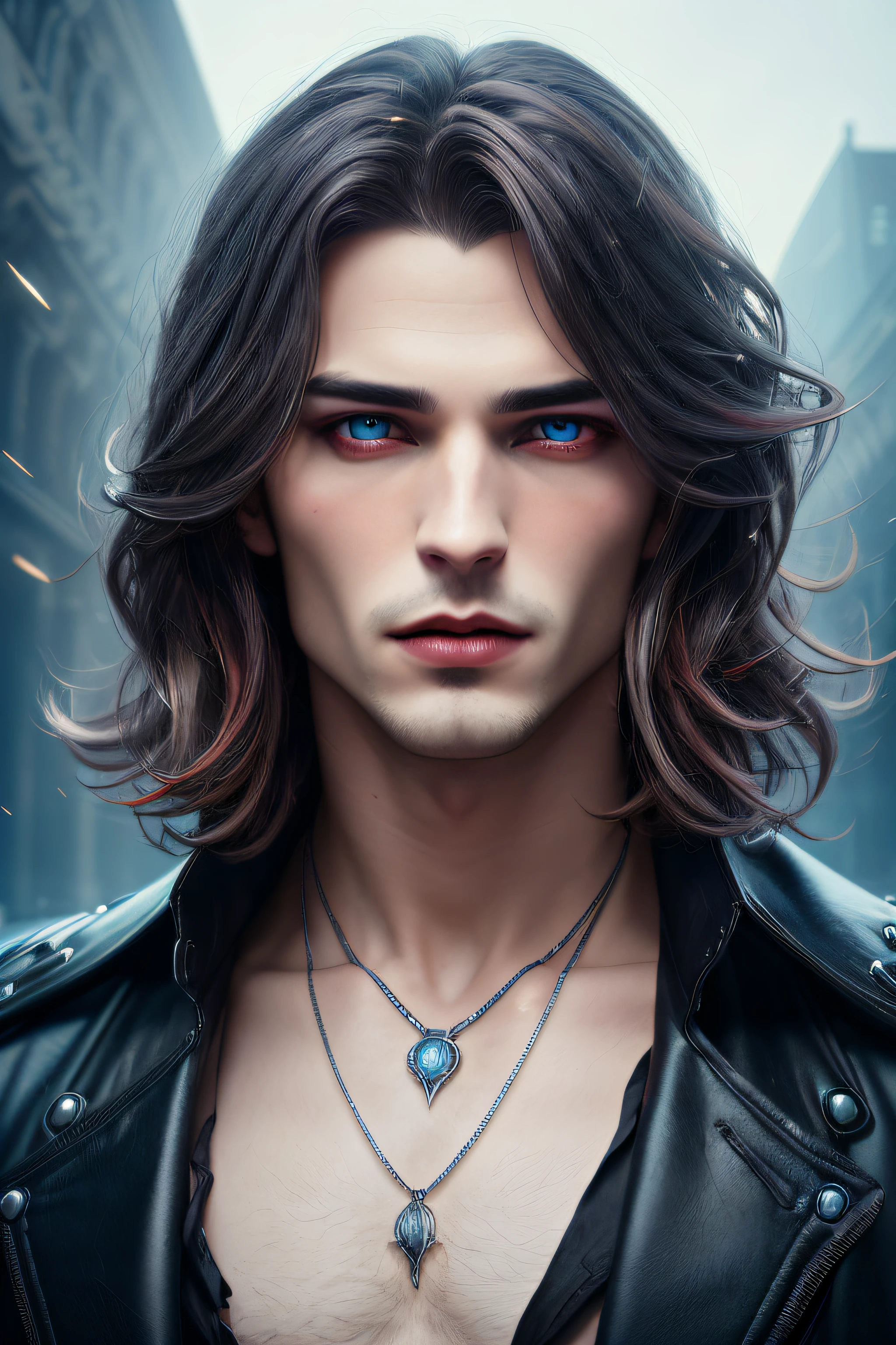 a handsome man, seductive pose vampire (masterpiece award winning high quality:1. 2) with long and brown hair, fangs, , glossy red ligh lips, blue eyes, detailed face, full focus, highly intricate, (small silver heart pendant:0. 9), cinematic, [style by stanley artgermm, tom Bagshaw, carne griffiths], hyper detailed, full of color, (gloomy illumination, insane, stunning, dramatic, completed artwork, HQ:1. 1), 16k, UHD, HDR, (Masterpiece:1. 5), (best quality
