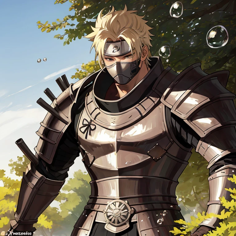 Masterpiece, Samurai, Solo, Kakashi with Kakuzu suit, Naruto, Anime, Dramatic pose, Best quality, Realistic, Ultra-detailed, (Sweat droplets: 1.2), Intense, Looking straight at the audience, Short spiky blond hair, Piercing sharp gaze, Muscular build, Deep shadows, High contrast, Sharp focus, Depth of field, Realistic textures, (Furrowed brow: 0.8), (Detailed armor: 1.5), Leaning against a tree, Forest setting.