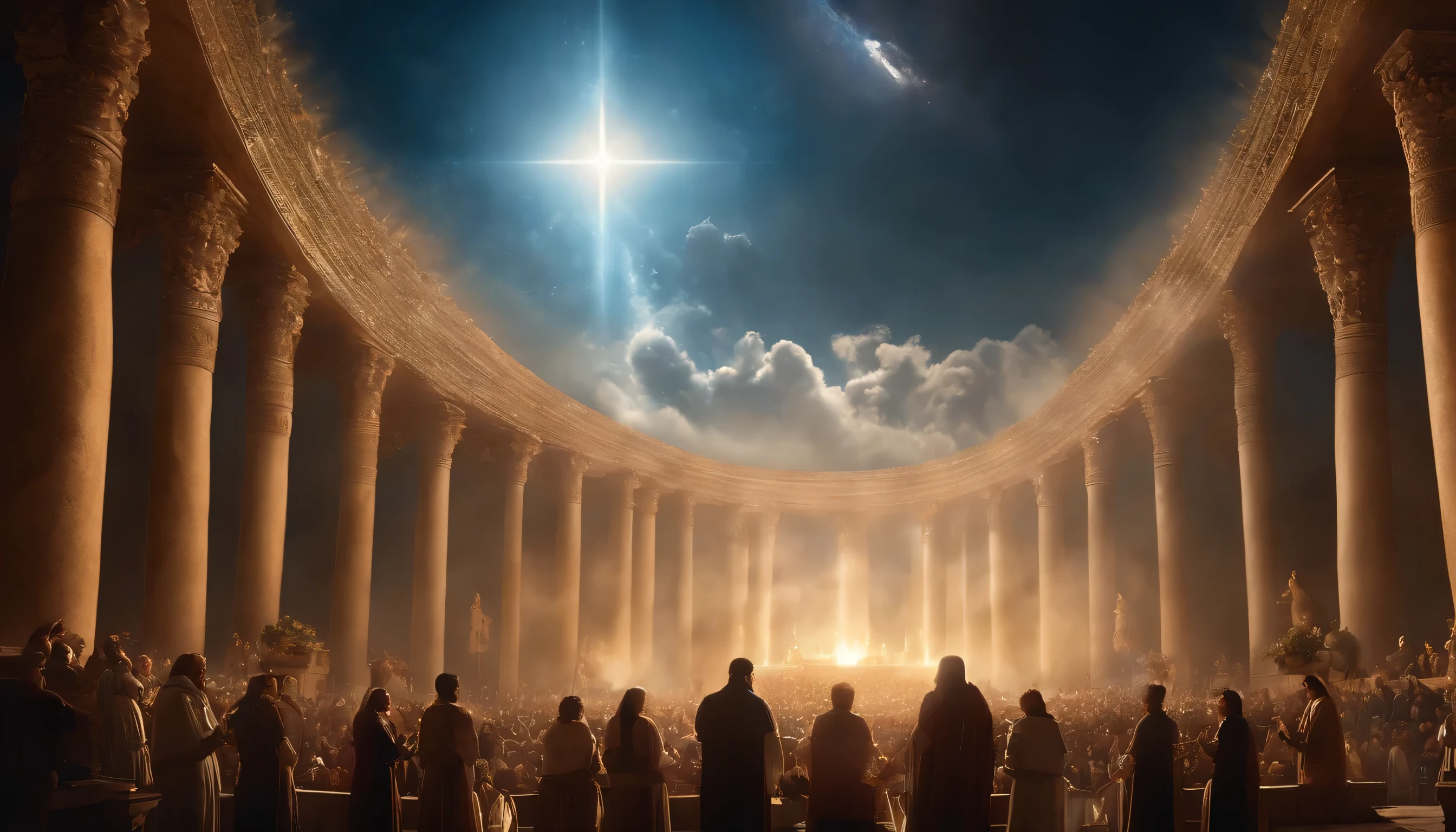 Tens of millions of people in the air singing praises to God, Fantastic depictions,(melhor qualidade,4k,8k,high resolution,obra de arte:1.2), ultra-detalhado, (realista,fotorrealista,realista:1.37), Retrato de um, cores vivas, studio lit, sharp focus, Physics-based rendering, extremely detailed description, Bible Topics, atmosfera majestosa, luz radiante)
