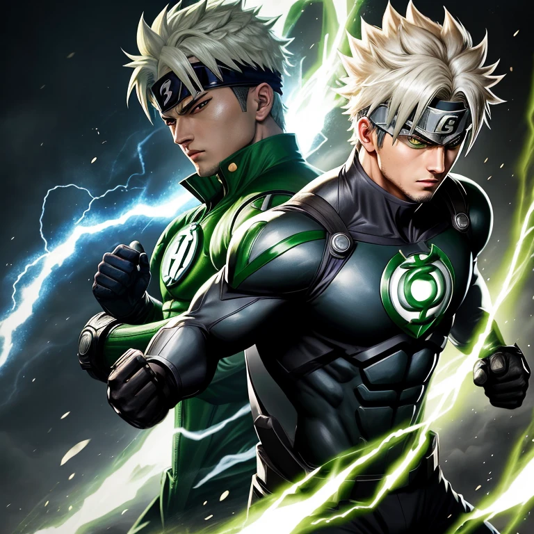 Anime icon, Kakashi, dons the Green Lantern suit, empowers his hands with radiant energy, Naruto Universe, Kakashi Hatake Green Lantern, ultrarealistic 8k CG, striking pose, vibrant lantern symbol aglow, comic book essence, sharp features, determined expression, high-tech armor, high detail, intense lighting, cinematic spark, iconic character, sleek design, legendary hero.