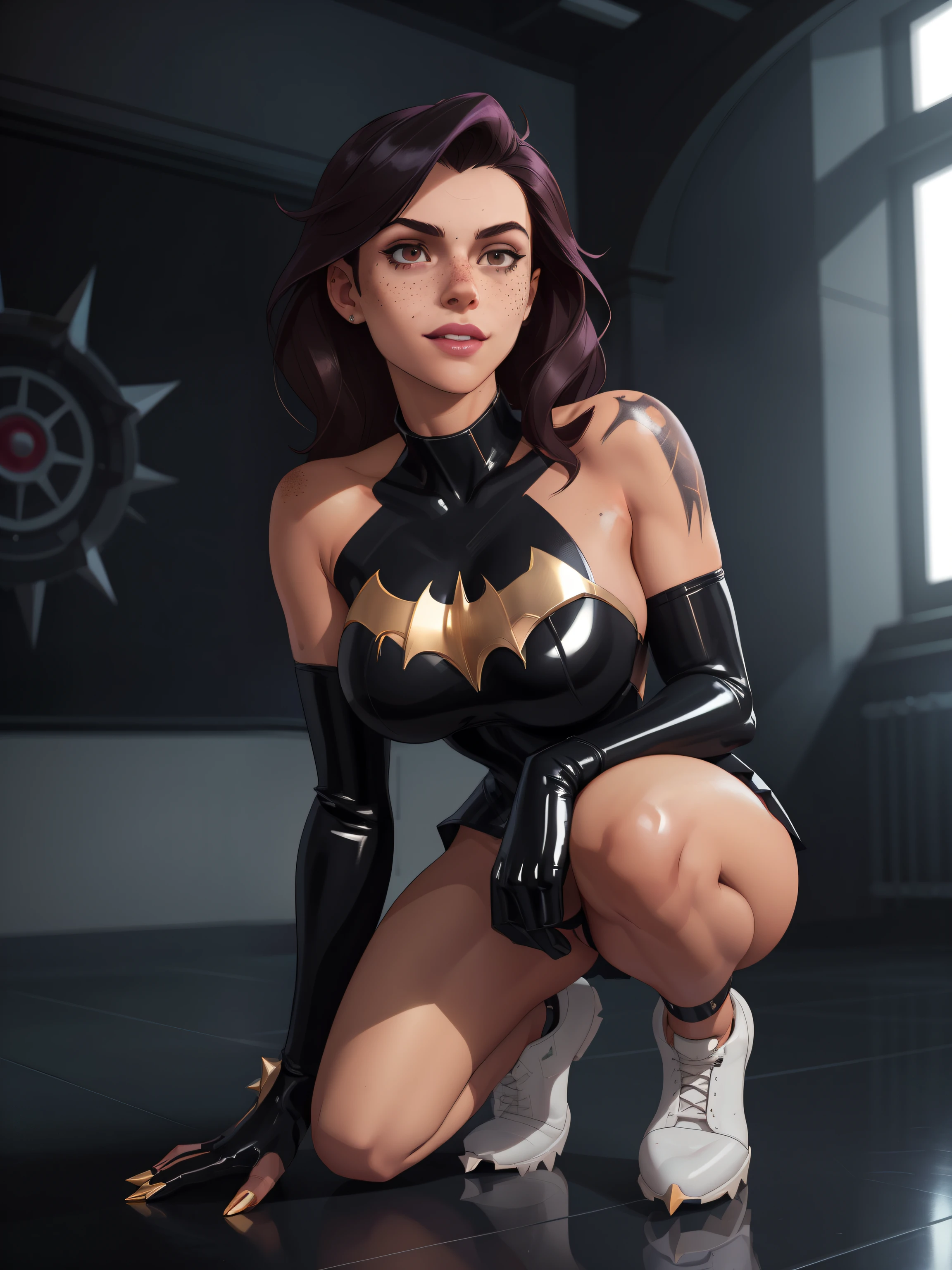 batgirl, freckles, atmospheric scene, masterpiece, best quality, Full body,leaning forward, latex suit spiky ,gold (detailed face, detail skin texture, ultra-detailed body), (cinematic light:1.1),school uniform, , r0seb7rne-smf, solo, realistic, lips, looking at viewer, , hands touching the floor,perky tits, groin, perfect hips,big breast, spiky strapless dress spiky,, on knees, white shoes, knees on floor, kneeling, knees,background, thong, smile, big breasts, gtav style, background black bdsm room.