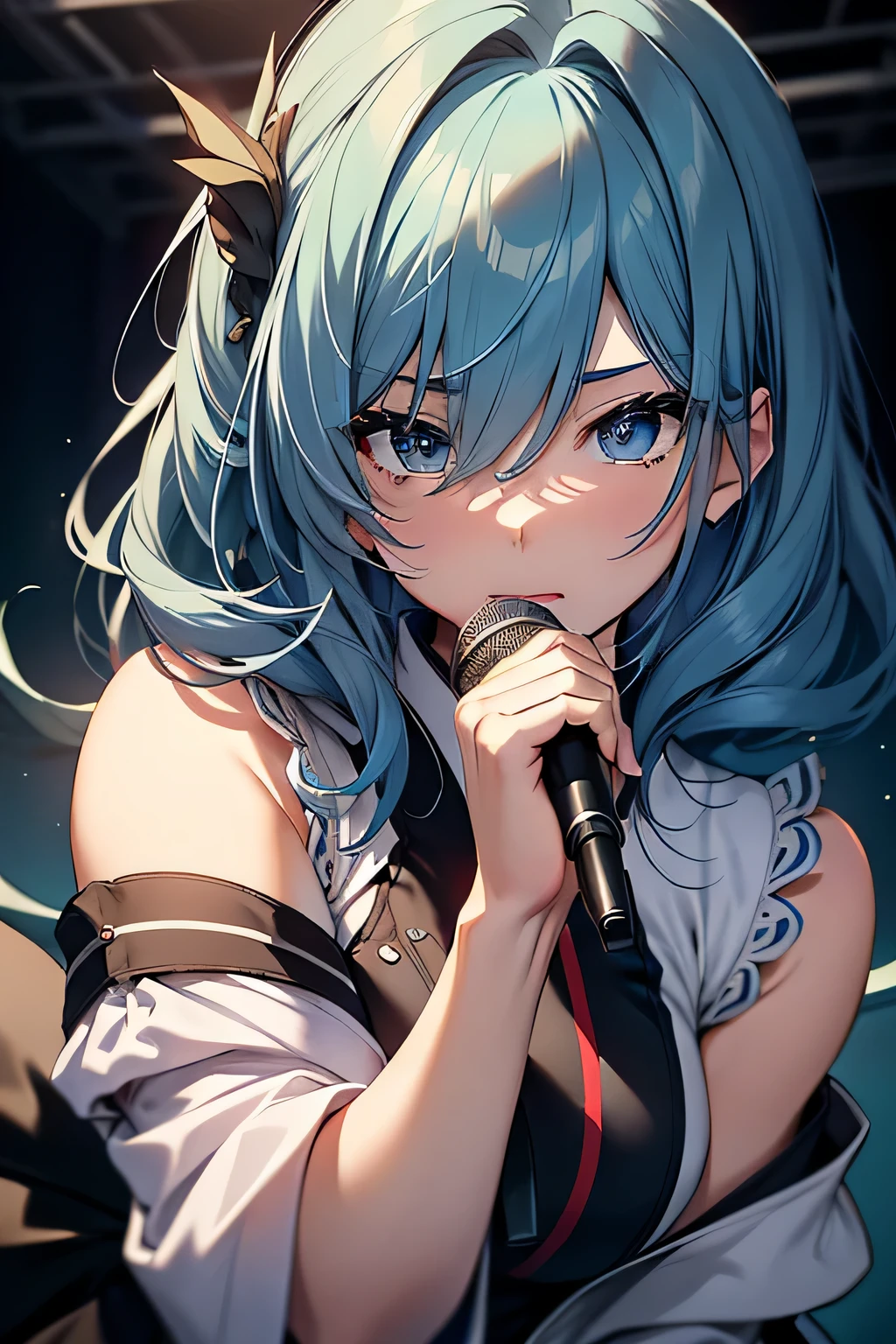 random posture、mix 4、(8K、RAW photo、highest quality、masterpiece:1.2)、have a microphone、Inner mesh, Blue-haired, , Japan band gal style, 美しいBlue-haired少女, flowing blue hair, rich blue colors, Sing hard、（Background Live House）one girl、professional lighting、（masterpiece）、（elaborate CG）highest qualityの写真, High resolution, 1080P, (clean face), (Detailed facial description), (detailed description of hands）、（masterpiece）、（elaborate CG）、extreme light and shadow、messy hair、master&#39;s work、Rich details、（detailed facial features）、（highest qualityの写真）、（masterpiece）、（detailed eye）、look in front of you、Sing hard in front of your eyes