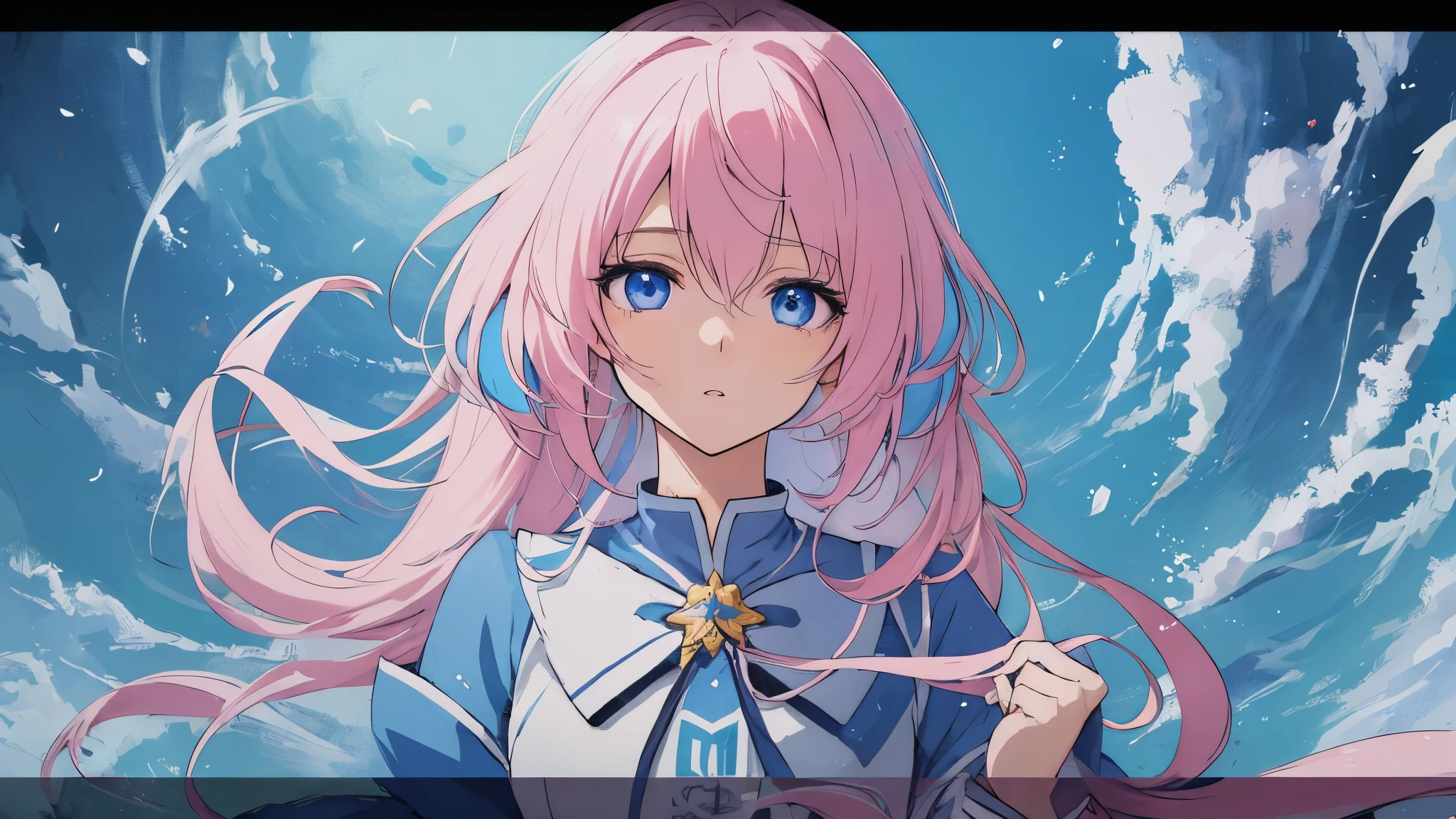 Chica anime con cabello rosado y ojos azules con un vestido azul., retrato, caballeros del zodiaco, girl, detailed arte animado digital, hermoso retrato animado, anime girl with cosmic hair, Cabello rosado y ojos cian., estilo anime 4k, arte animado digital, anime fantasy illustrations, anime fantasy illustration., retrato chica anime, anime in fantasy style, arte detallado del personaje de anime