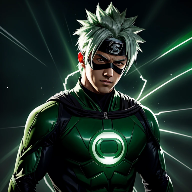 Anime icon, Kakashi, dons the Green Lantern suit, empowers his hands with radiant energy, Naruto Universe, Kakashi Hatake Green Lantern, ultrarealistic 8k CG, striking pose, vibrant lantern symbol aglow, comic book essence, sharp features, determined expression, high-tech armor, high detail, intense lighting, cinematic spark, iconic character, sleek design, legendary hero.