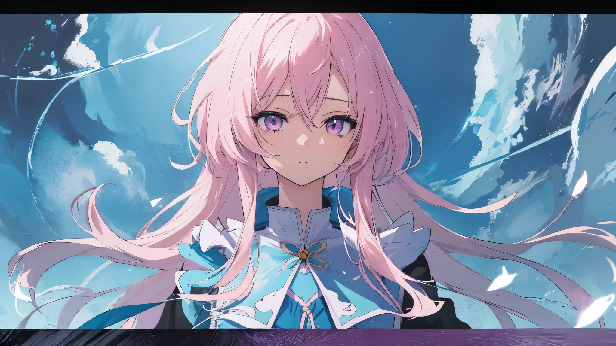Chica anime con cabello rosado y ojos azules con un vestido azul., retrato, caballeros del zodiaco, girl, detailed arte animado digital, hermoso retrato animado, anime girl with cosmic hair, Cabello rosado y ojos cian., estilo anime 4k, arte animado digital, anime fantasy illustrations, anime fantasy illustration., retrato chica anime, anime in fantasy style, arte detallado del personaje de anime