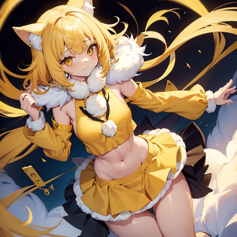 yellow hair,furry ears,girl,((Fluffy around the neck:1.5)),sexy,small breasts,thin,(Yellow clothes),thunder,Seductive thighs,(yellow skirt),(small breasts:1.0), Panty shot,cleavage,panty shot,Navel soup,idol costume