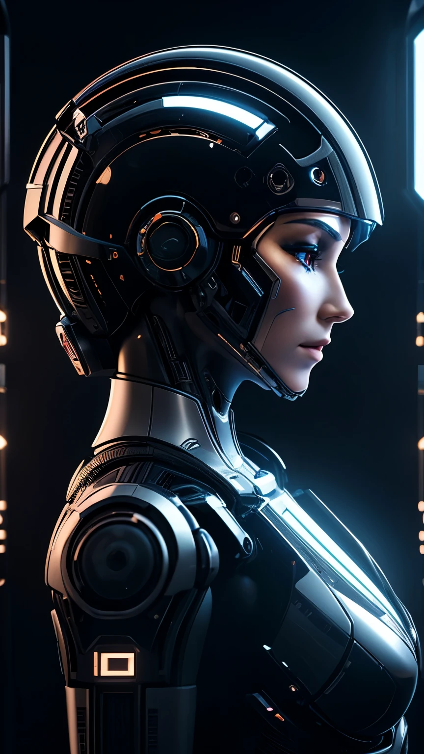 Robot Nousr, Intrincado perfil 3D renderizado hermoso porcelana negra cara femenina de android, cyborg, Piezas de robot, 150mm, hermoso estudio con luz suave, luz baja, vivid details, Cyberpunk de lujo, Surrealista, Anatomical, facial muscles, alambre de cable, Micropuce, fondo elegante y hermoso, Octane representation, 8k