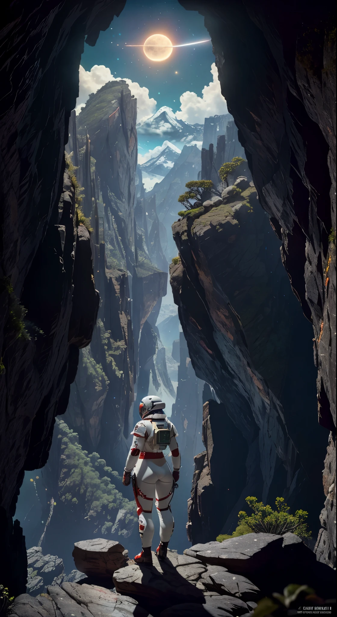 Highly detailed RAW color Photo, Rear Angle, Full Body, of (Front Alison Tyler as space marine, wearing white and red space suit, futuristic helmet, tined face shield, rebreather, accentuated booty), outdoors, (leaning over rocky Edge, looking out at advanced alien structure), (on complex exotic alien planet:0.6), toned body, big butt, (sci-fi), (mountains:1.1), (lush green vegetation), (two moons in sky:0.8), (highly detailed, hyperdetailed, intricaens flare:0.7), (bloom:0.7), particle effects, raytracing, cinematic lighting, shallow depth of field, photographed on a Sony a9 II, 24mm wide angle lens, sharp focus, cinematic film still from Gravity 2013,