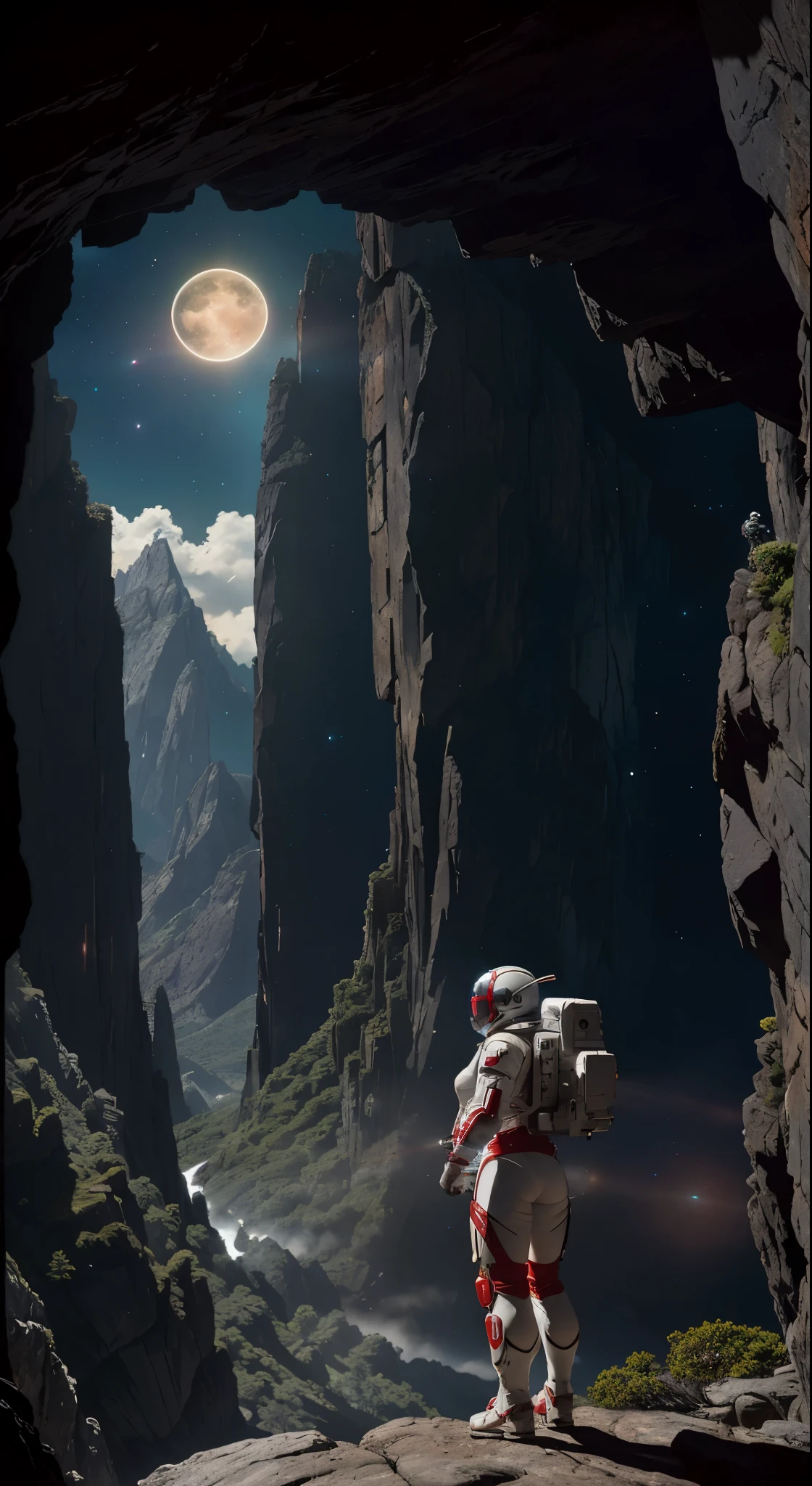 Highly detailed RAW color Photo, Rear Angle, Full Body, of (Front Alison Tyler as space marine, wearing white and red space suit, futuristic helmet, tined face shield, rebreather, accentuated booty), outdoors, (leaning over rocky Edge, looking out at advanced alien structure), (on complex exotic alien planet:0.6), toned body, big butt, (sci-fi), (mountains:1.1), (lush green vegetation), (two moons in sky:0.8), (highly detailed, hyperdetailed, intricaens flare:0.7), (bloom:0.7), particle effects, raytracing, cinematic lighting, shallow depth of field, photographed on a Sony a9 II, 24mm wide angle lens, sharp focus, cinematic film still from Gravity 2013,