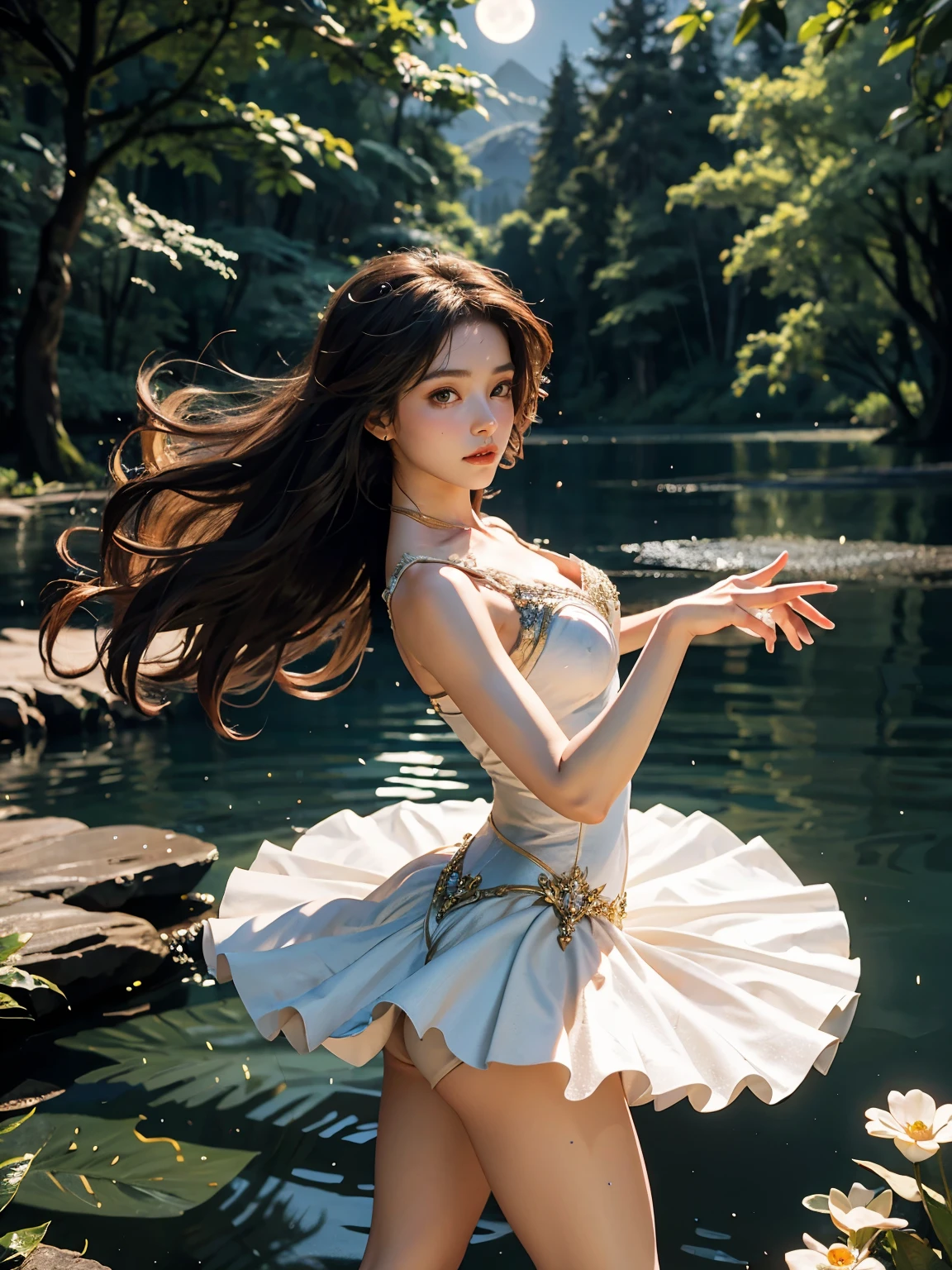 fantasy, high quality, 8K, realistic,photo realistic,RAW photo,photography,High resolution, ultra-definition, highest quality,Dramatic lighting, glitter effect, from below, midnight, moonlight, ballet、Swan Lake、Lake in the deep forest、((Beauty and the Beast)), break, 1woman and 1beast, A prima donna girl and the beast gracefully dance ballet in the moonlight on a mysterious lake.、Arabesque pose、((luxurious and delicate white tutu)),semi-long hair,black hair,black eyes、beautiful feet、Ballet Pointe Shoes, Peeking from below、Straddling the camera、