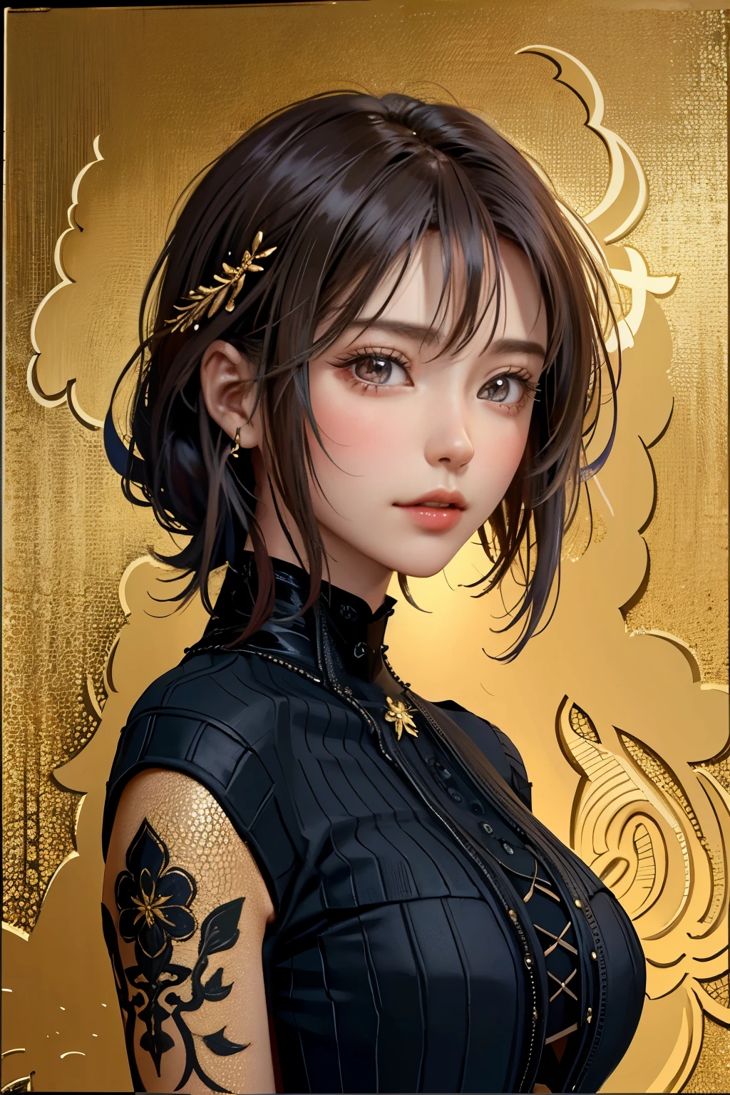 (masterpiece、highest quality、highest quality、official art、beautiful beautiful:1.2)、(1 girl)、extreme details、Colorful、most detailed、official art、unity 8k wallpaper、super detailed、beautiful beautiful、beautiful feces、masterpiece、highest quality、(zentangle、mandala、tangle、Entanglement)、holy light、gold foil、gold leaf art、Glitter painting、Perfect NwsjMajmagic、short bob