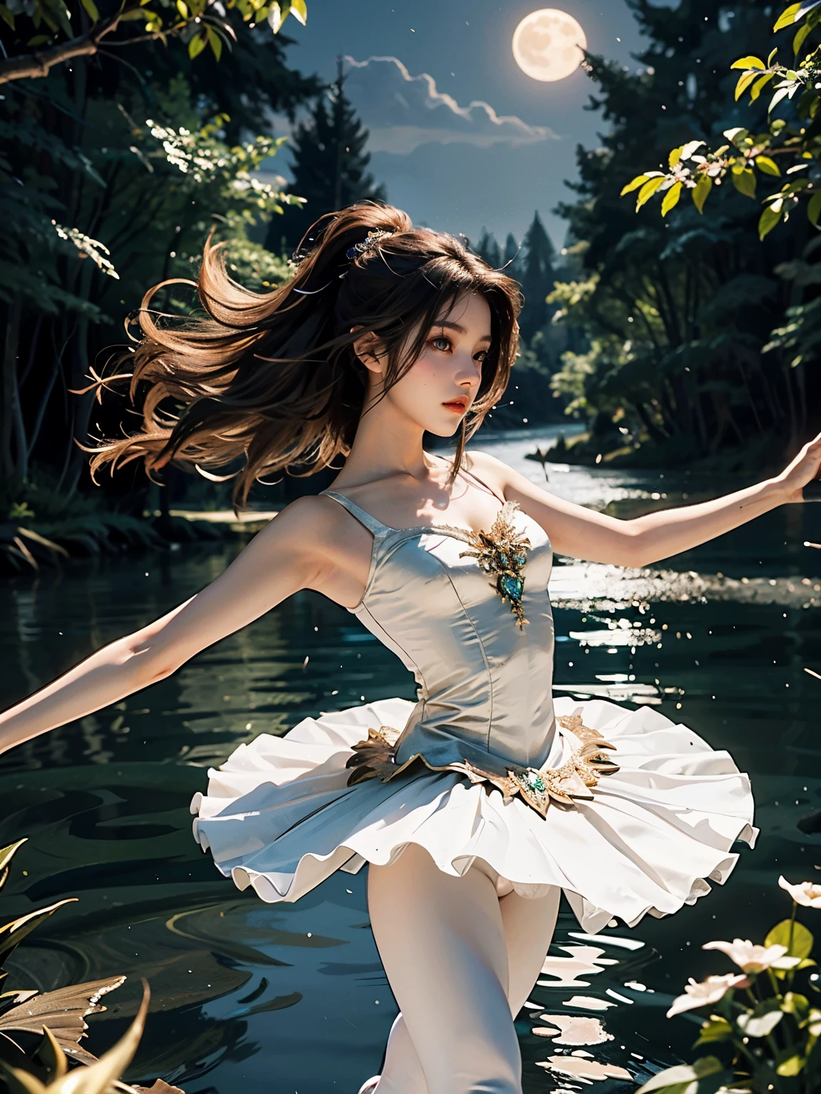 fantasy, high quality, 8K, realistic,photo realistic,RAW photo,photography,High resolution, ultra-definition, highest quality,Dramatic lighting, glitter effect, from below, midnight, moonlight, ballet、Swan Lake、Lake in the deep forest、((Beauty and the Beast)), break, 1woman and 1beast, A prima donna girl and the beast gracefully dance ballet in the moonlight on a mysterious lake.、Arabesque pose、((luxurious and delicate white tutu)),semi-long hair,black hair,black eyes、beautiful feet、Ballet Pointe Shoes, Peeking from below、Straddling the camera、