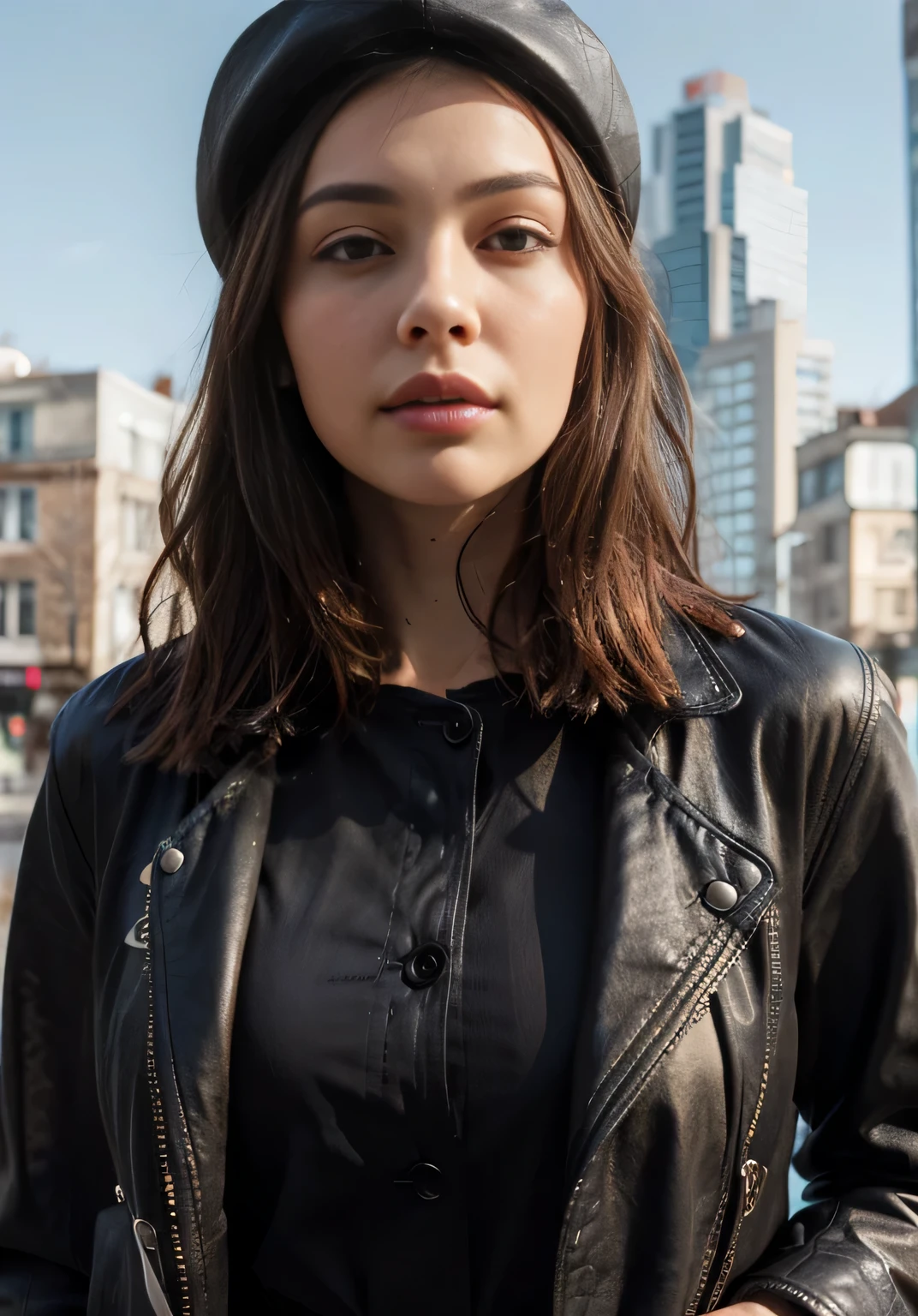 arafed woman in a black leather jacket and a black hat, closeup portrait shot, close up portrait shot, close - up portrait shot, she wears leather jacket, close up portrait photo, leather clothing, wearing a leather trench coat, close portrait, mid shot portrait, leather clothes, waist up portrait, close up portrait, portrait sophie mudd, mid portrait