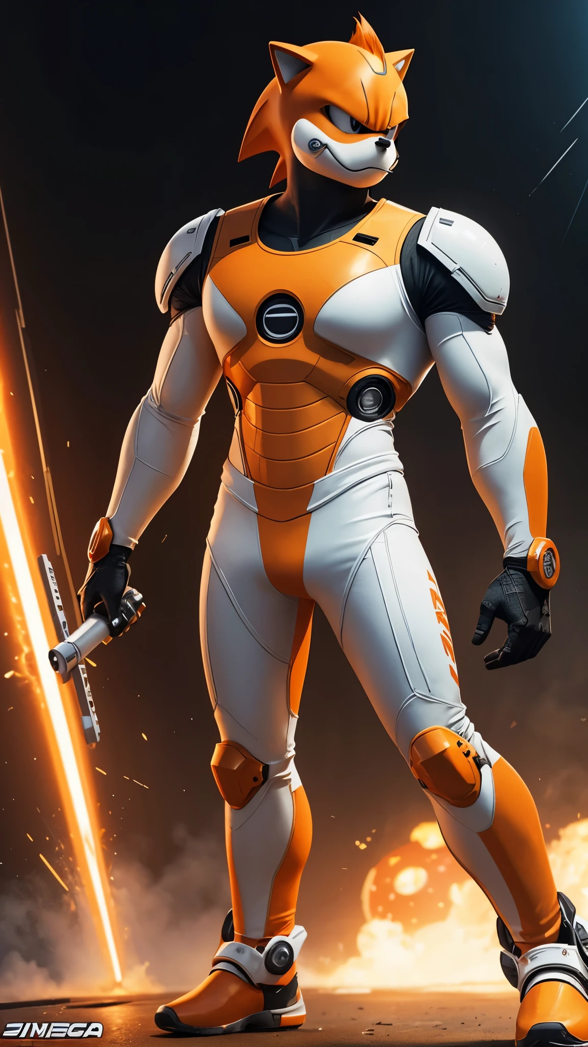 A realistic orange and white sonic ouriço "game sega" in a titanium cybernetic suit, detalhado, designe perfeito, alta qualidade arestas perfeitas e simetricas ::n_desenho de estilo, Low-quality imperfection, boneco, jogo.