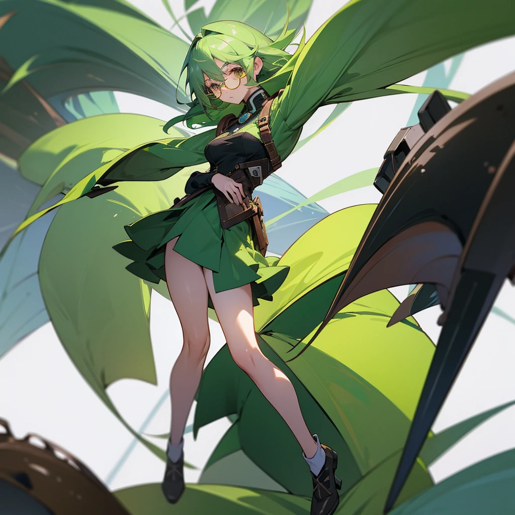 Green rabbit ears, green animal ears, a girl, bob cut, green hair, green eyes, look young, alone, short, tiny,ta, childhood,smile, belt, waist bag, waist pouch, kawaii, cute,face, 1900 age, with a combat Axe, combat Axe fighting, fighting, running at full speed