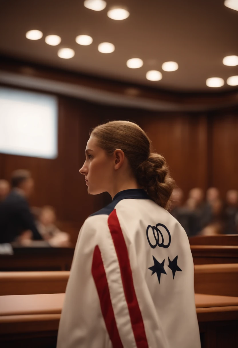 A photorealistic, visually descriptive and detailed representation of a 16 year old female athlete wearing Olympic uniform seen from behind in the center of a courtroom