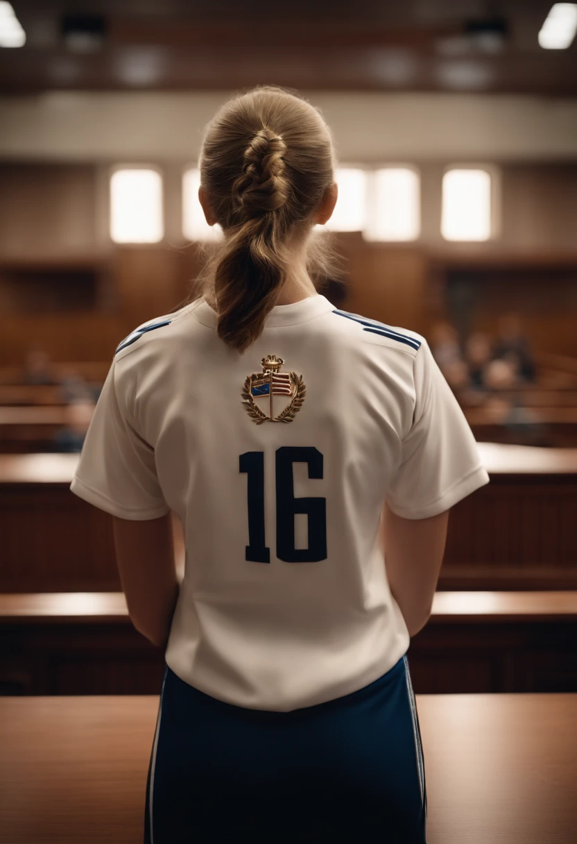 A photorealistic, visually descriptive and detailed representation of a 16 year old female athlete wearing Olympic uniform seen from behind in the center of a courtroom