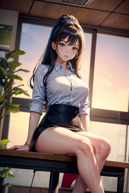 1 Beautiful Girl, Beautiful face, (Slender body:1.2), Realistic, extremely detailed CG unified 8k wallpaper, ighly detailed, High-definition raw color photos, professional photograpy, Realistic portrait, Cinematic Light, Beautiful detailed, (Beautiful breasts), (cleavage of the breast:1.2), (Uniform with wide open chest:1.2), (Mini skirt:1.3), (No panties:1.5), cameltoe details, Indoors, School, (sitting on the desk:1.3), ((Legs wide open)), Armpits, (hands behind head), (Best Quality:1.4), Super Detail, High quality, (View from below)