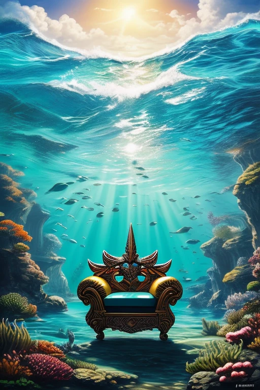 there is a painting of a man holding a spear in the ocean, pintura digital do mito grego, the god Poseidon, Poseidon, underwater sea monster, o deus do mar, Aquaman, Frank Frazetta pintura de estilo, rei do mar, epic digital painting, Aquaman aesthetic, sitting in his throne underwater, pintura digital altamente detalhada, deus do oceano