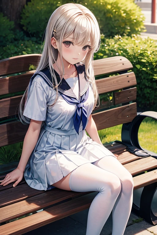 Wearing school uniform, sit on bench，A woman wearing a white dress, Wearing white tights, legs crossed, white leggings,  long thin legs, Wearing Japanese school uniform, Yoshitomo Nara, Japanese school girl uniform