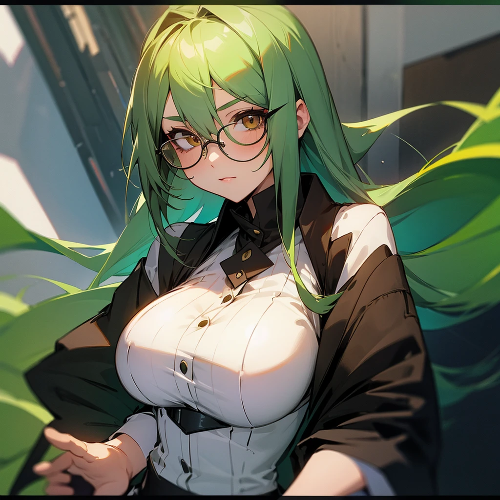 1girl,green hair,brown eyes, big glasses, big breasts, fully clothed