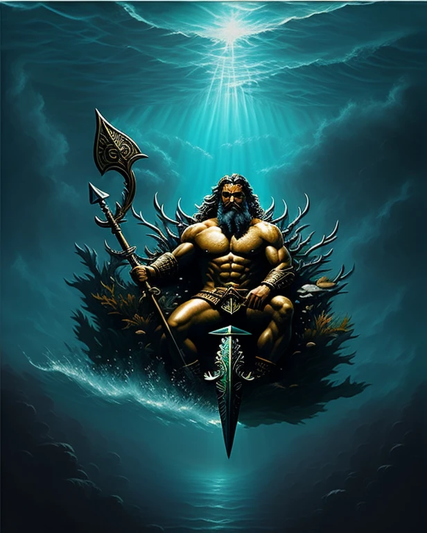 there is a painting of a man holding a spear in the ocean, pintura digital do mito grego, the god Poseidon, Poseidon, underwater sea monster, o deus do mar, Aquaman, Frank Frazetta pintura de estilo, rei do mar, epic digital painting, Aquaman aesthetic, sitting in his throne underwater, pintura digital altamente detalhada, deus do oceano