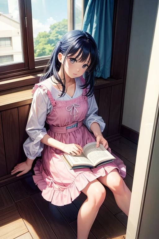 Woman in bright clothes sitting on the windowsill reading a book, Tsubasa Nakai's style, perfume, Belle Defin, inspired by Miwa Komatsu, still from music video, Takano Aya color style, just like a catalog photo, anbenggang, Movie screenshots, Live-action stills