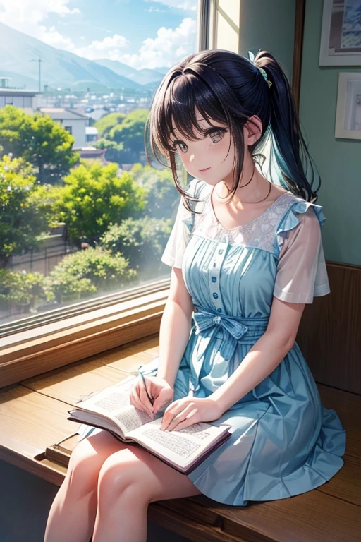 Woman in bright clothes sitting on the windowsill reading a book, Tsubasa Nakai&#39;s style, perfume, Belle Defin, inspired by Miwa Komatsu, still from music video, Takano Aya color style, just like a catalog photo, anbenggang, Movie screenshots, Live-action stills