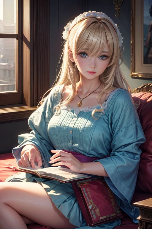 blonde pin up style woman in pink dress in a library