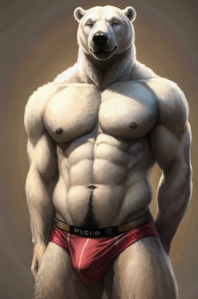 a furry male anthro Polar Bear standing with his hands behind his back. He is wearing underwear and is depicted in a simple background. The artwork should be in a front view perspective. The image should be of the best quality, with ultra-detailed features and a realistic, photorealistic style. The colors should be vivid and the lighting should create a professional and visually appealing effect. The inspiration for this artwork comes from artists such as thebigslick.