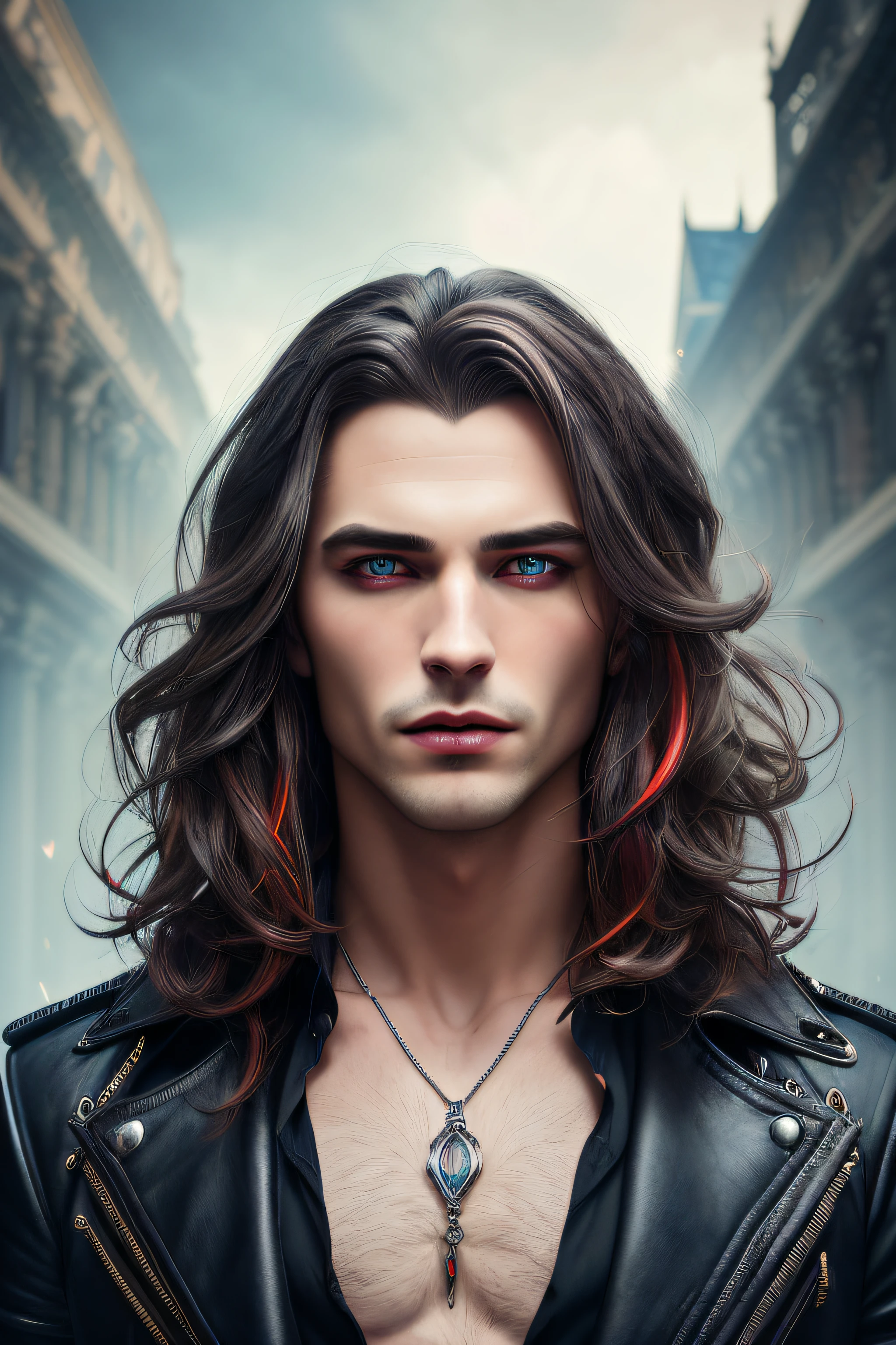 a handsome man, seductive pose vampire (masterpiece award winning high quality:1. 2) with long and brown hair, fangs, , glossy red ligh lips, blue eyes, detailed face, full focus, highly intricate, (small silver heart pendant:0. 9), cinematic, [style by stanley artgermm, tom Bagshaw, carne griffiths], hyper detailed, full of color, (gloomy illumination, insane, stunning, dramatic, completed artwork, HQ:1. 1), 16k, UHD, HDR, (Masterpiece:1. 5), (best quality