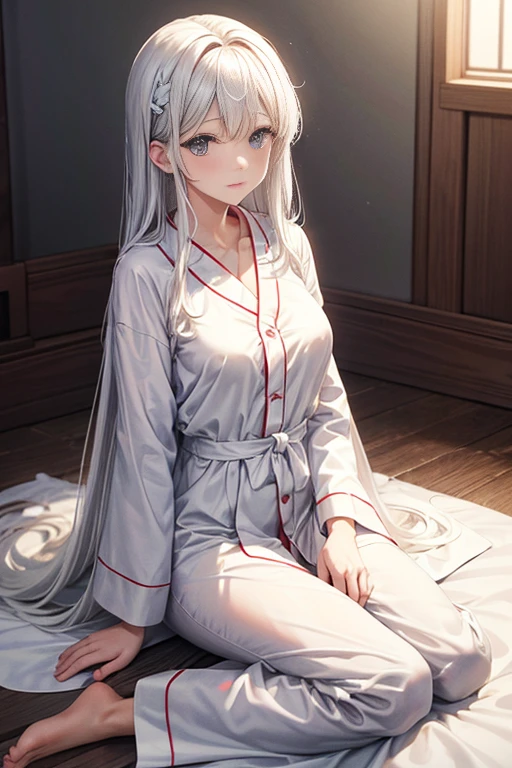 There was a woman sitting on the floor 穿着White shirt, 穿着白色pajamas, long shirt, 穿着pajamas, 精美的White shirt, Sleek white skintight suit, Dressed in a white silk robe, 穿着White clothes, white dress shirt, White clothes, dressed in simple robes, dressed in simple robes, pajamas, 穿着White shirt, White shirt, 穿着White shirt
