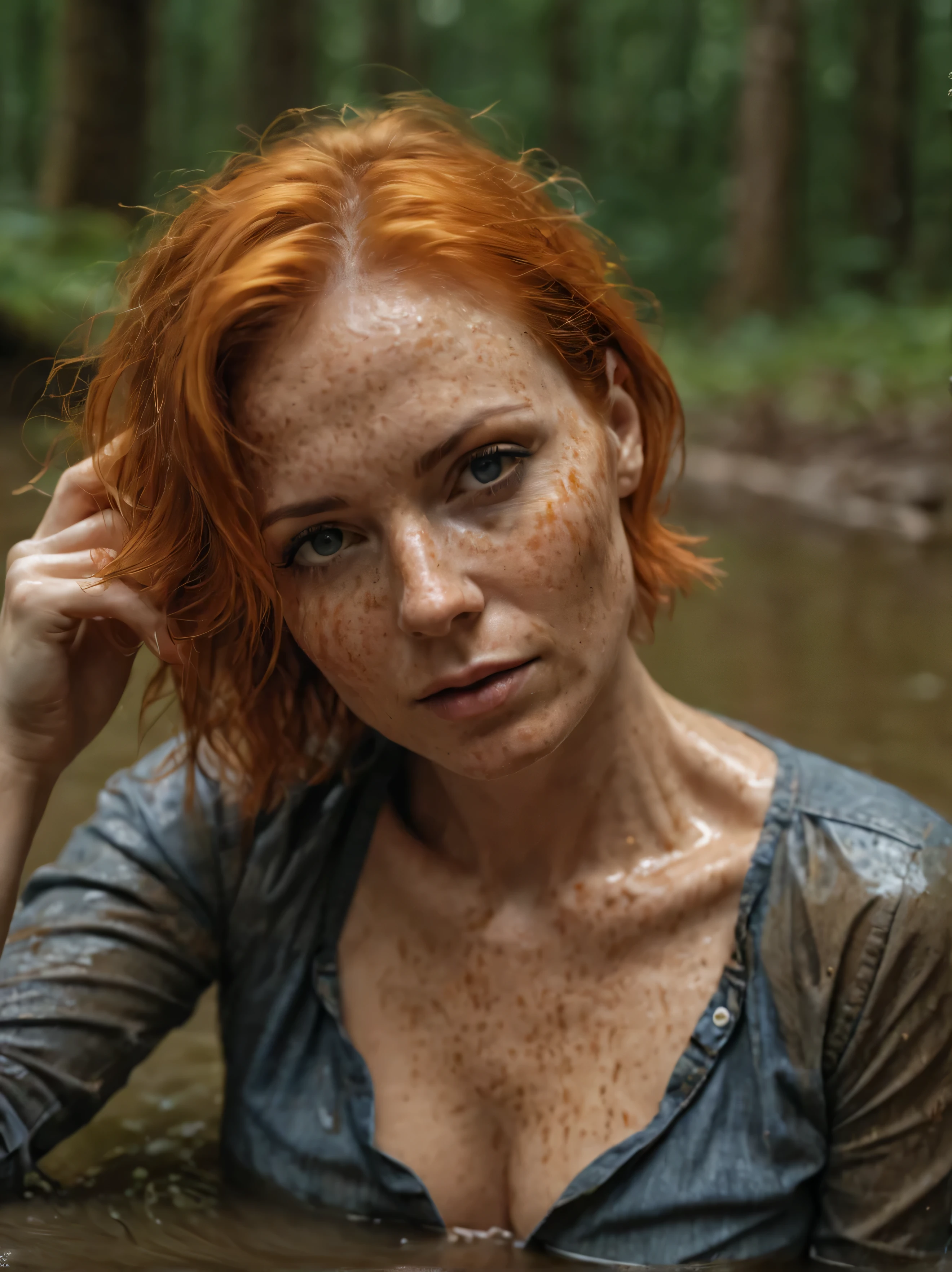 masterpiece:1.2, epic illustration:1.3, ultra-realistic photography of short orange-haired hot graceful fuck me orgasmic-expressed woman 40 years old in flared jeans and blouse, indulging in shameful fetish with desperation and ecstasy,teasing herself in mud bath, full body, stoic cinematic 4k epic detailed 4k epic detailed photograph shot on kodak detailed bokeh cinematic, detailed face with freckles, natural skin texture, forest