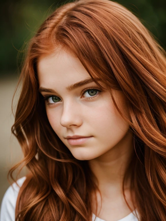 detailed portrait of a beautiful girl with wavy intense copper hair