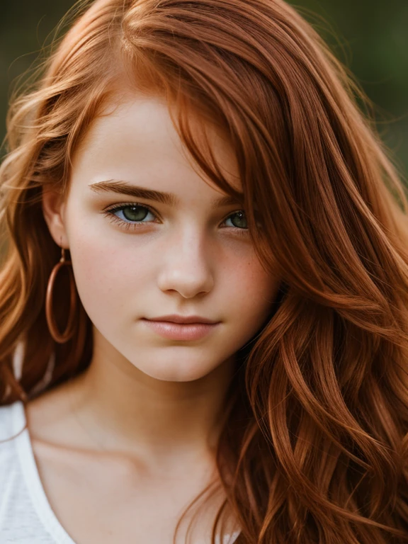 detailed portrait of a beautiful 16 years old girl with wavy intense copper hair