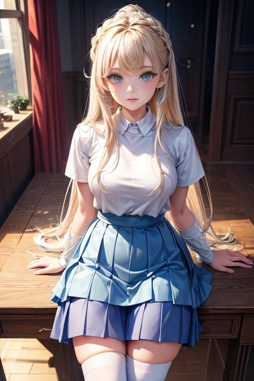 (best quality,4k,8k,highres,masterpiece:1.2),ultra-detailed,realistic,beautiful detailed eyes,beautiful detailed lips,extremely detailed eyes and face,longeyelashes,portrait,studio lighting,soft pastel colors,gentle lighting,a young girl,dressed in a blue skirt,a blue mini skirt,wearing a white tight-fitting top,wearing a skirt,layered clothing,long socks and skirt,wearing a skirt and knee-high socks