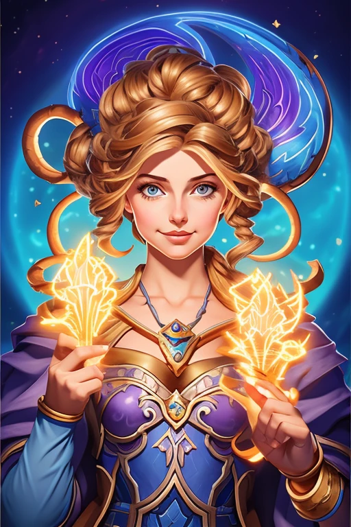 um close de um personagem de desenho animado segurando duas lanternas, magic girl epic character, in Estilo de Arte Hearthstone, fantasy Estilo de Arte Hearthstone, Estilo de Arte Hearthstone, little girl with magical powers, poderosa feiticeira rechonchuda, retrato completo do elementalista, arte estilo hearthstone, Orianna, retrato completo do eletromante, estilo de arte original de Heartstone, luz da tocha. Outline