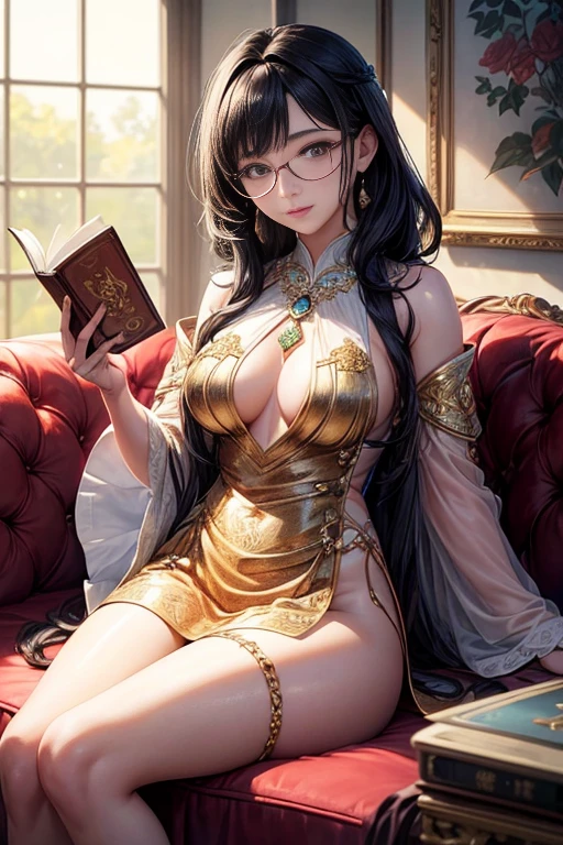 A young woman in Arabian attire sits on a luxurious sofa, holding a book and wearing glasses. She has beautiful, detailed eyes and lips, with long eyelashes. The room is filled with natural light, illuminating the surroundings. The woman is a popular young idol in the real world, known for her unique style and talent. She is seen in various magazine photos, showcasing her beauty and sophistication. The idol, Ayami Takeda, is depicted in a surrealistic manner, displaying her vibrant personality and charm. She embodies the essence of a young, graceful idol with a slender figure. The artwork captures the unique and delicate features of Ayami, showcasing her as a captivating presence. The overall image quality is of the highest standard, with ultra-detailed elements and a realistic rendering. The colors are vivid and the composition is artistically balanced, creating a visually stunning masterpiece. The lighting is carefully crafted to highlight the beauty of the idol and enhance the overall atmosphere of the scene. The prompt is designed to generate an artwork that embodies the essence of Ayami Takeda as an idol, showcasing her beauty, grace, and uniqueness in a stunning and visually captivating manner.