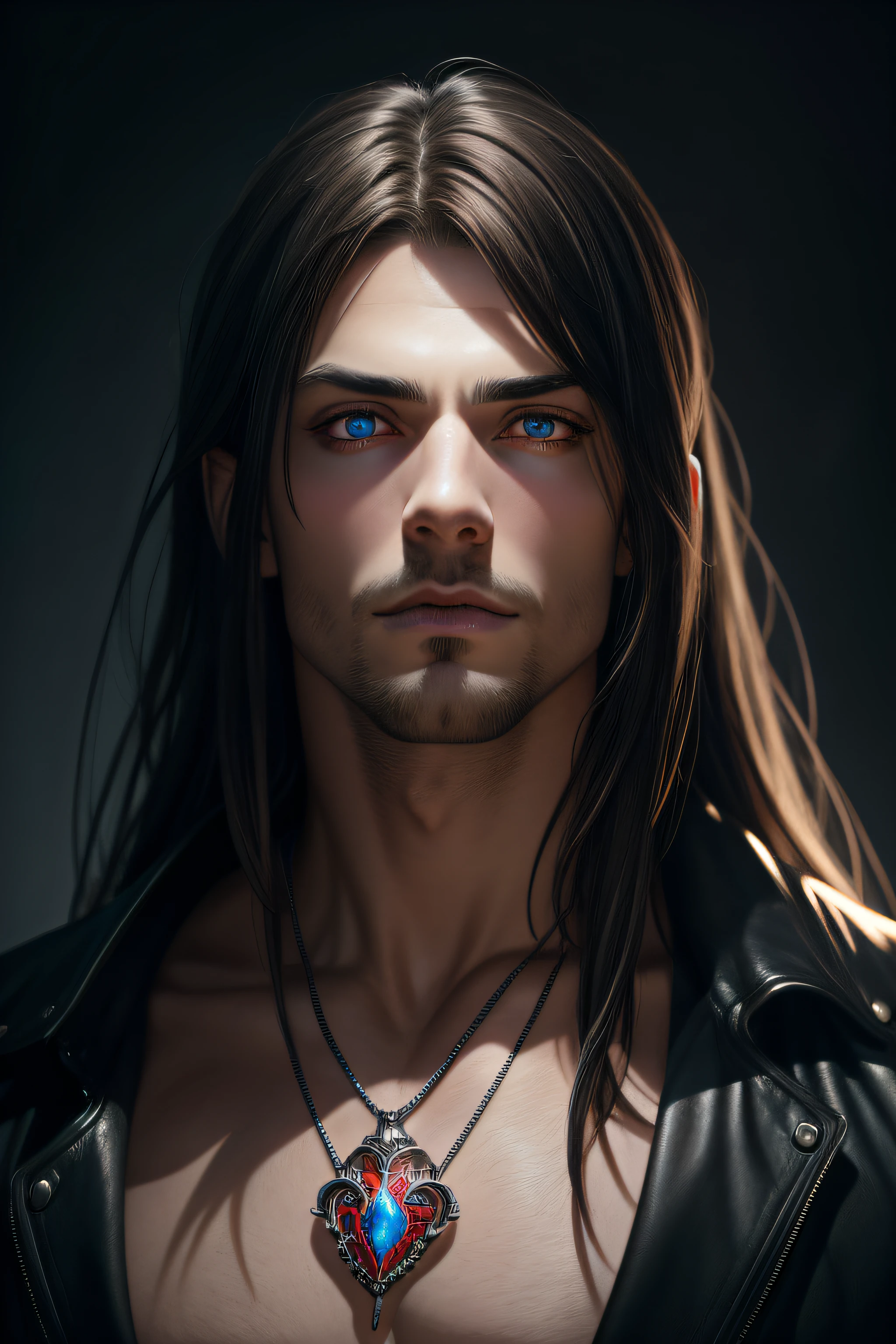 A masterpiece of the highest quality and the best beauty, showing a man with a scratch on his eye (1.2), His eyes are red, the shape of his pupils is lined like an animal. dark, black background, only showing the head, back shirt, the collar of his shirt covers his neck, no beard, no moustache, long hair to the front