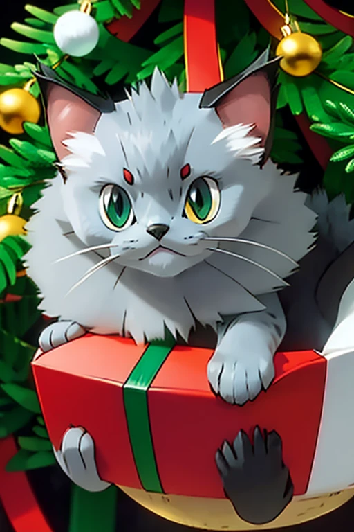 gray and black ragdoll cat pokemon stuck in christmas tree