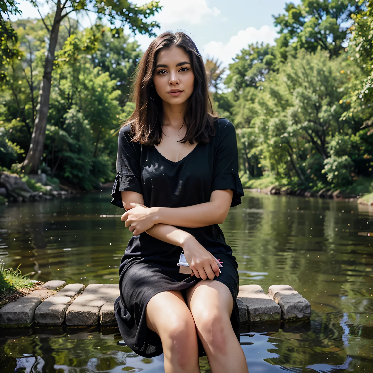 Generate a realistic image of a young digital explorer named Aurora Santos. She is 25 years old, has expressive brown eyes and black hair with a natural shine. Its appearance is vibrant and authentic, reflecting a mix of curiosity and elegance. Dress in style Balancing comfort and fashion, she is sitting admiring a lush natural landscape